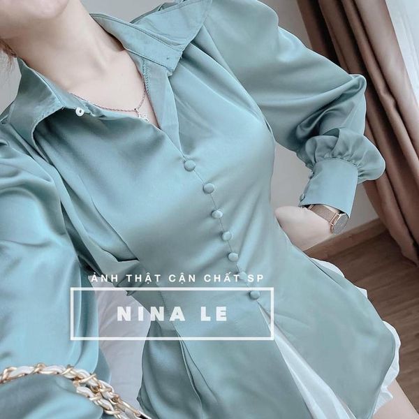 Áo sơ mi lụa khuy bọc buộc eo