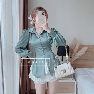 Áo sơ mi lụa khuy bọc buộc eo