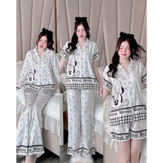 Bộ Pyjama Chuột nơ kem lụa xước sang trọng mới