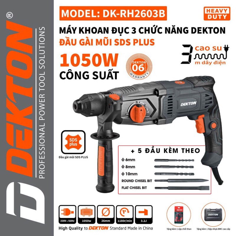 MÁY KHOAN ĐỤC BÊ TÔNG DEKTON DK 2603B 1050W 3 CHỨC NĂNG ĐIỀU TỐC SIÊU MẠNH 2023 NEW TẶNG KÈM 5 MŨI K