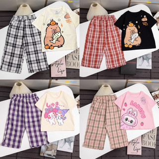Bộ thun cotton in Cabybara phối quần dài caro bé gái