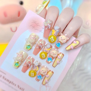 Nailbox thiết kế đính đá, Móng tay giả đính charm heo hồng A34, Nail xinh Bling Bling dự tiệc sang chảnh, Nail cô dâu