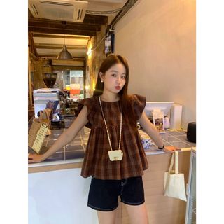 Áo kiểu babydoll Tay ngắn Kẻ sọc caro Dáng rộng Hàn Quốc Áo kiểu tiểu thư nữ Baby doll Form rộng Cộc tay