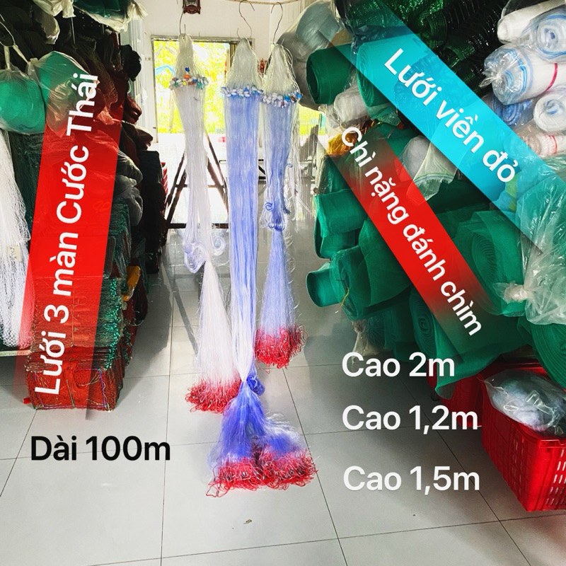 Lưới bắt cá 3 màn Thái Lan viền đỏ, giăng nước chãy, lưới chìm Dài 100m và 50m, Cao 2m Fisshing Bắt 