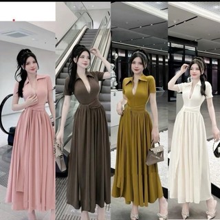 Đầm tăm lạnh midi dáng dài cổ trụ khóa kéo kèm dây nhấn eo y hình