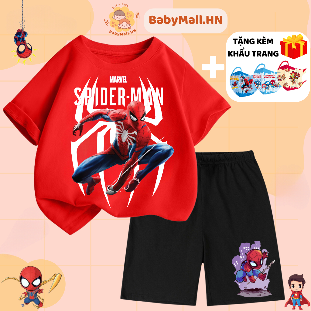 Bộ quần áo hình Người Nhện Spiderman bé trai BABYMALL, Set đồ bộ thun cho bé chất cotton mềm mịn mát