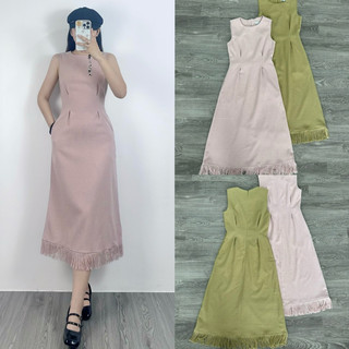 HIPU.VNXK - Đầm Hobbs midi cổ tròn sát nách phối tua rua phần chân.