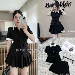 Sét váy nữ phối cổ bẻ 2 lớp tuyết mưa kèm chân váy xếp ly,sét váy cổ đức áo sơ mi kèm chân váy size s m - halinh shop