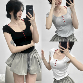Áo croptop cổ u nút cài phối bra liền yumi bán sỉ