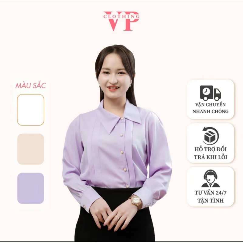 A191 Áo Sơ Mi Công Sở Nữ Tay Dài, Khuy Lệch Sang Trọng VP Clothing - Áo Sơ Mi Lụa Ý Cao Cấp, Mát Mẻ 