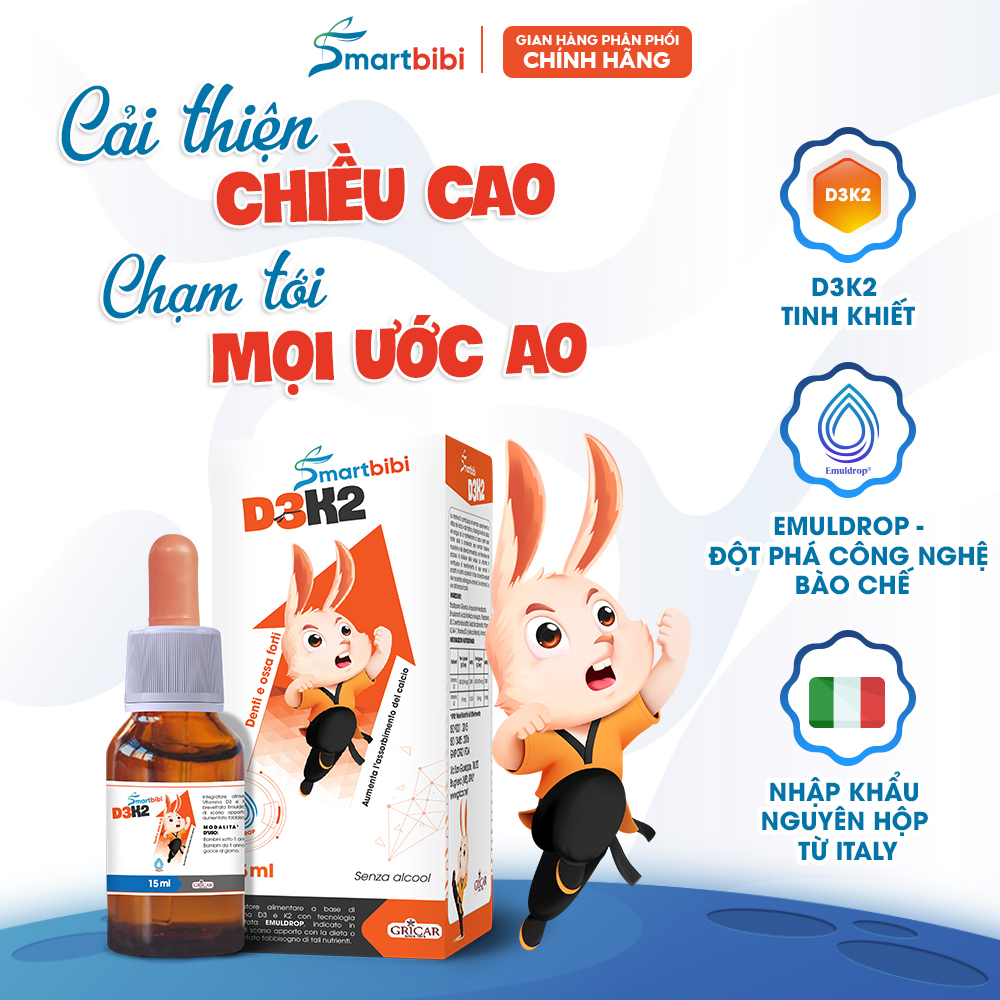 D3k2 smart bibi Siro nhỏ giọt giúp bé hấp thu tốt hơn,cao lớn hơn,Tăng hấp thu canxi,giúp tăng chiều