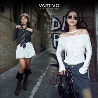 Áo thun trễ vai dài tay Vamivo, áo hở vai Vamivo ATK25 thun rách cá tính, phong cách dễ kết hợp đồ