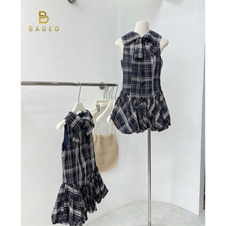 Váy kẻ cổ phối nơ Bageo