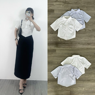 HIPU.VNXK - Áo croptop sơ mi Mixxo tay ngắn phối vạt nhọn cùng phần nhún ngực độc đáo.