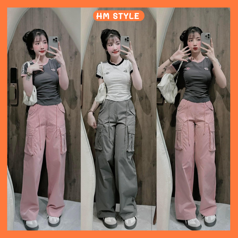 Set áo thun croptop logo thêu mix quần dài ống rộng túi hộp cá tính, set bộ đồ nữ siêu tôn dáng HB712