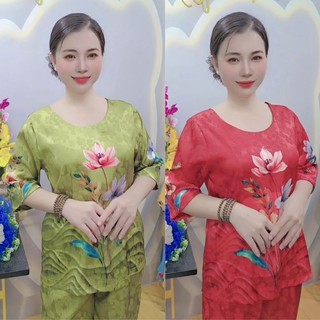 Đồ bộ lụa cho bà cho mẹ - bộ áo cổ tròn tay lỡ - gấm tơ tằm 3d cao cấp in phối hoa sang trọng quý phái phom 50-75kg