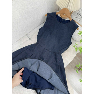 ( Hàng có sẵn ) Đầm jean cổ tròn phối xếp ly xoè