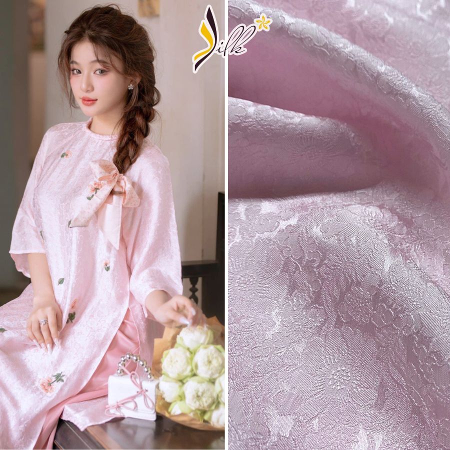 Lụa may áo dài - SILK – hoa cúc màu hồng phấn- CU65