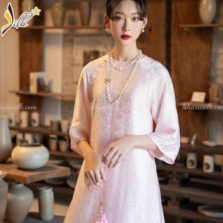 Lụa may áo dài - SILK – hoa cúc màu hồng phấn- CU65