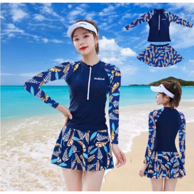 Đồ bơi kín đáo nữ, bikini 2 mảnh đi biển dáng váy cạp cao dể thương áo dài có tay che khuyết điểm xanh than họa tiết lá | BigBuy360 - bigbuy360.vn