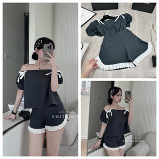 [ FREE SHIP ] Set áo trễ vai mix quần sooc ren gấu siêu phẩm Vải kaki chéo hàn QC cao cấp, chun vai ôm, nơ đính nổi