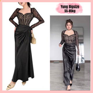 Đầm dự tiệc bigsize cổ vuông dáng dài ren phối lụa sang chảnh 55-85kg Yung Bigsize