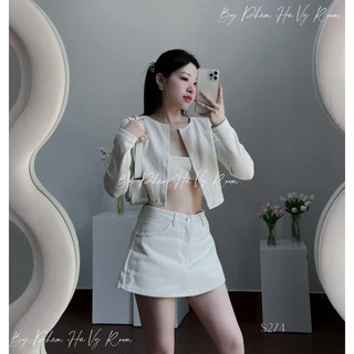 Set 3 món: áo khoác sơ mi + croptop 2 dây + quần shorts trắng