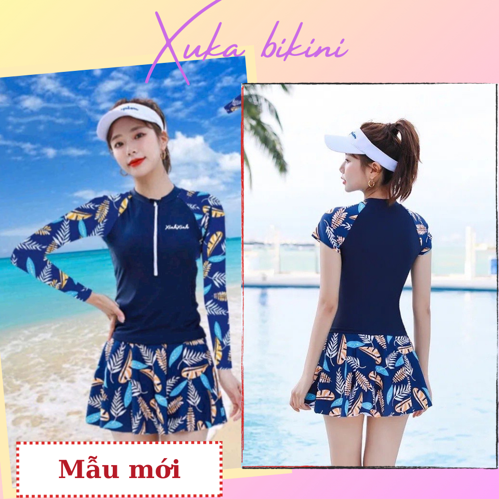 Đồ bơi kín đáo nữ, bikini 2 mảnh đi biển dáng váy cạp cao dể thương áo dài có tay che khuyết điểm xanh than họa tiết lá | BigBuy360 - bigbuy360.vn