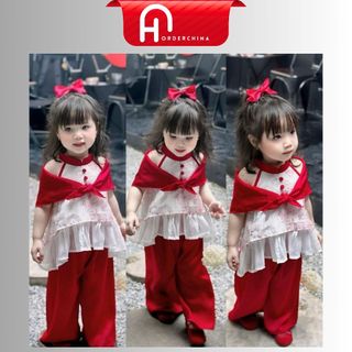 Set yếm lụa mềm 2 tầng kèm quần lụa và khăn cho bé - HNOrderChina