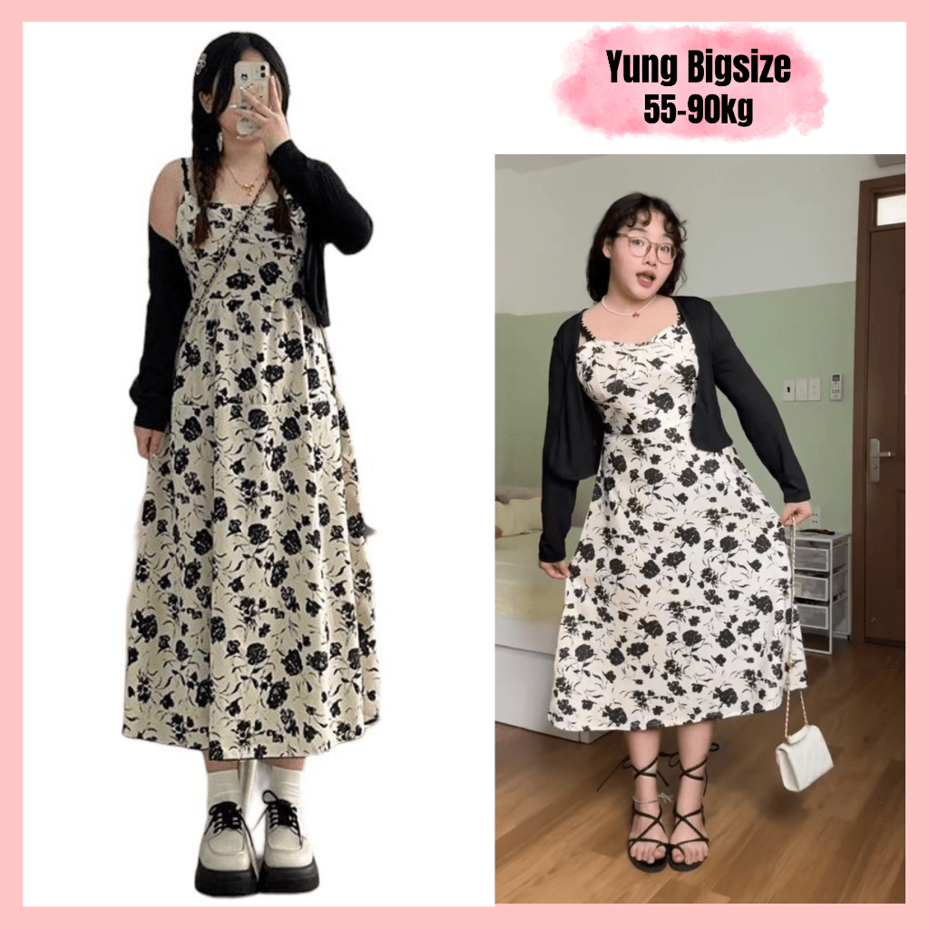 Set Bigsize, Set váy bigsize đầm 2s hoa đen dáng dài kèm khoác cardigan 55-90kg Yung bigsize