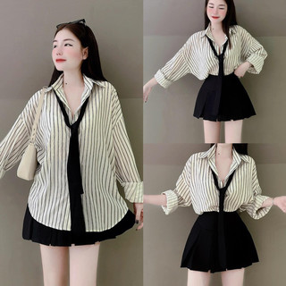 Set áo sơ mi sọc đen cavat đen mix chân váy đen