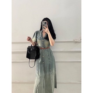 Váy bò màu rêu cổ bẻ sang xịn mịn!