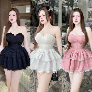 Đầm cúp mango có mud mocking thun dáng ngắn xoè tầng phối ren