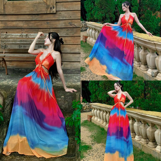   Maxi  Đầm maxi đi biển cúp loang màu đỏ xanh vàng - Nhà Lỳ Có Maxi 
