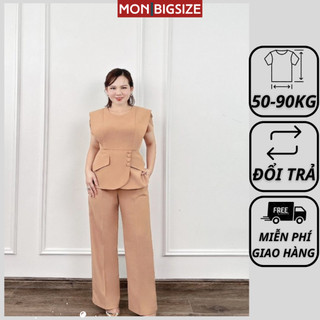 Set đồ bộ bigsize nữ dự tiệc đi chơi sang chảnh kiểu cổ tròn nút bọc quần dài vải cotton MON big size 50 - 90kg
