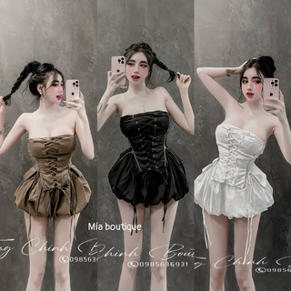 Set bộ áo cúp corset đan dây croptop phối khoá kéo xẻ tà + quần short bí phồng 2 lớp