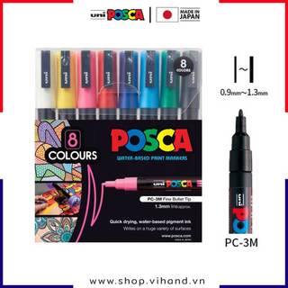 [VIHAND - CHÍNH HÃNG] Bộ 8 bút sơn vẽ trên nhiều chất liệu Uni Posca PC-3M - Ngòi 0.9 - 1.3mm