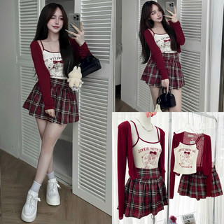 Set vest 3 món áo sơmi + áo khoác + váy xếp li