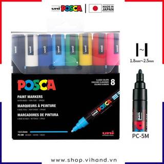 [VIHAND - CHÍNH HÃNG] Bộ 8 bút sơn nước vẽ đa chất liệu Uni Posca PC-5M - Ngòi 1.8 - 2.5mm
