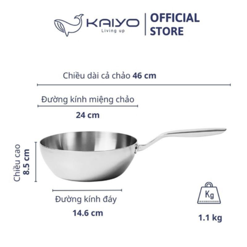 chảo đúc inox KIW-3154 sâu lòng 3 lớp đáy liền Tri-Ply Kaiyo 24cm
