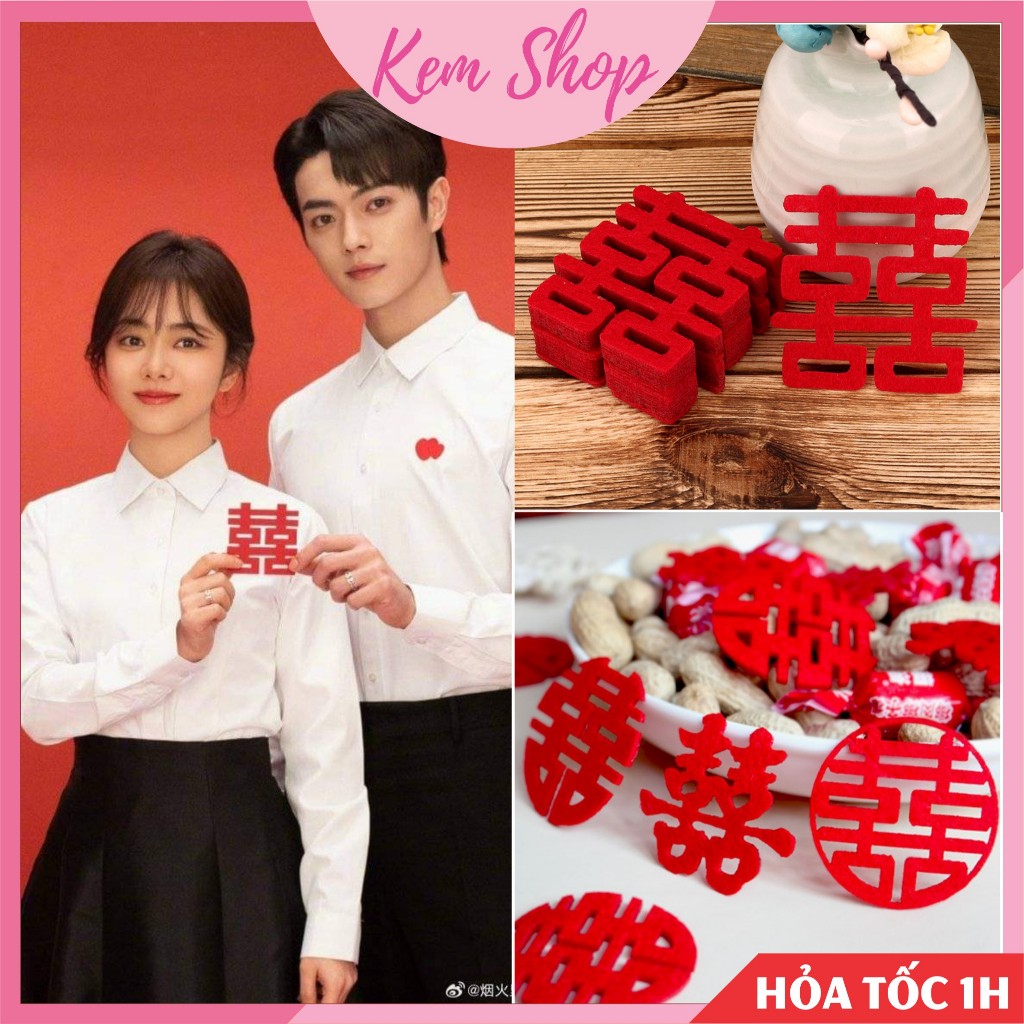 Set Chữ Hỷ Đám Cưới Vải Nỉ Size Nhỏ 5 - 10Cm Trang Trí Đĩa Bánh Kẹo Cưới, Rắc Giường Cưới - Kem Shop K248