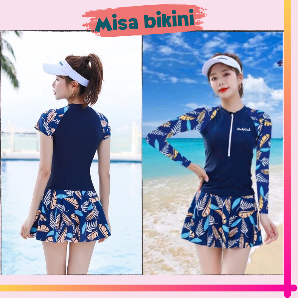    Size s -2xl   Đồ bơi 2 mảnh nữ Misa bikini kín đáo đồ đi biển đẹp có tay phối váy xanh than họa tiết lá MS68 