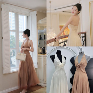👗đầm maxi yếm kết hoa xoắn eo