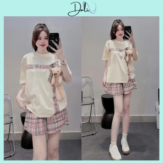 Set Bộ Nữ Cộc Tay Phối Kẻ Kèm Gấu Chất Liệu Cotton Khô + Quần Short Kẻ Cá Tính