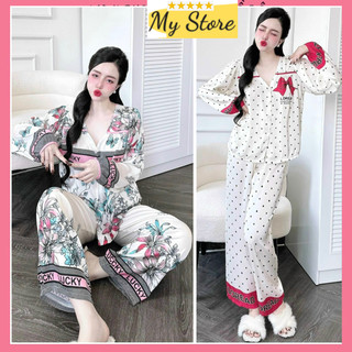 Đồ ngủ Pyjama nữ dài tay dễ thương, đồ bộ mặc nhà lụa Latin loại 1 in 3D hàng thiết kế Freesize dưới 60kg MY STORE