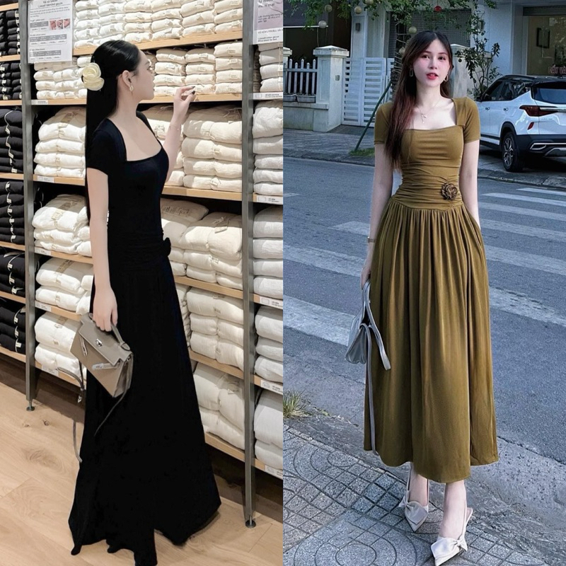 ĐẦM MIDI CỔ U HOA EO