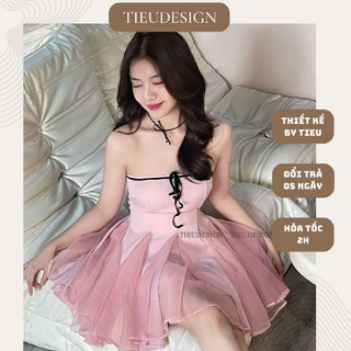 Đầm xòe trắng công chúa phối tơ xốp nơ đen, có thêm màu hồng
