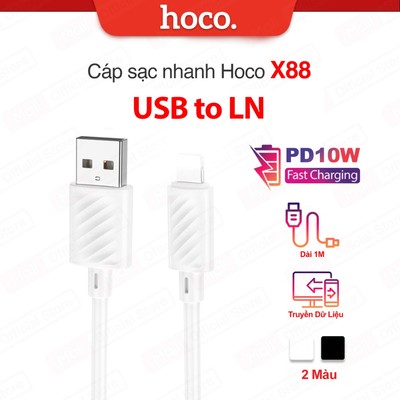 Cáp sạc nhanh PD10W Hoco X88 USB to IP dùng cho ip6/7/8/X/11/12/13/14 sạc nhanh 2.4A dây dẻo siêu bền dài 100CM