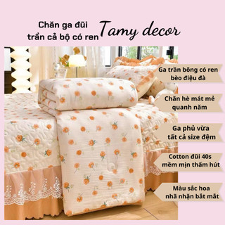 Set chăn ga cotton đũi ga trần bông phủ ren bèo, chăn hè trần bông Tamy, bộ chăn ga cotton đũi mát mẻ mùa hè