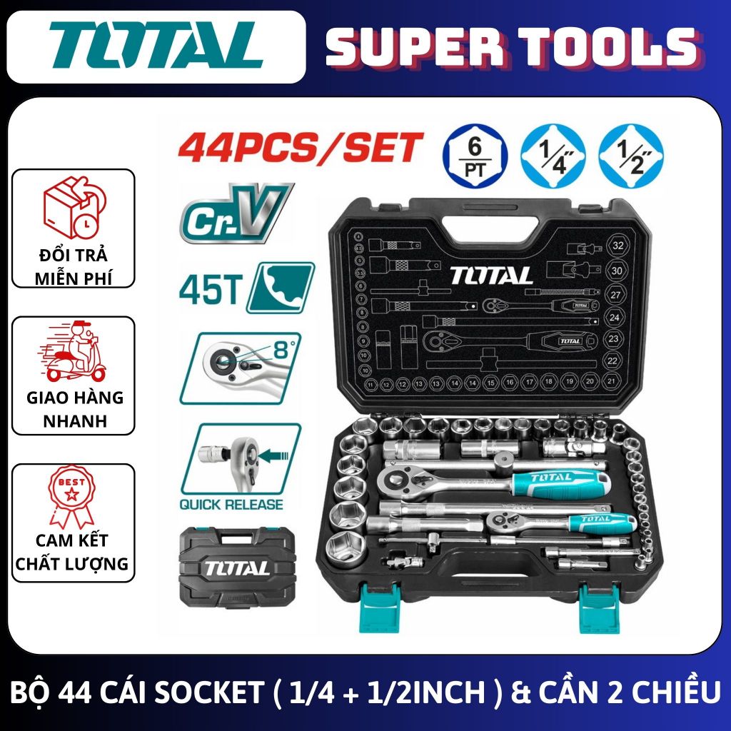 ĐỒ NGHỀ TOTAL Bộ 44 cái socket   (1/4+1/2 inch) & cần 2 chiều THT421441 <HÀNG CHÍNH HÃNG>